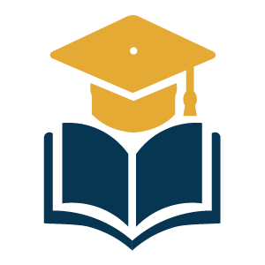 PowerEd Global's logo of a blue textbook wearing a gold graduation cap